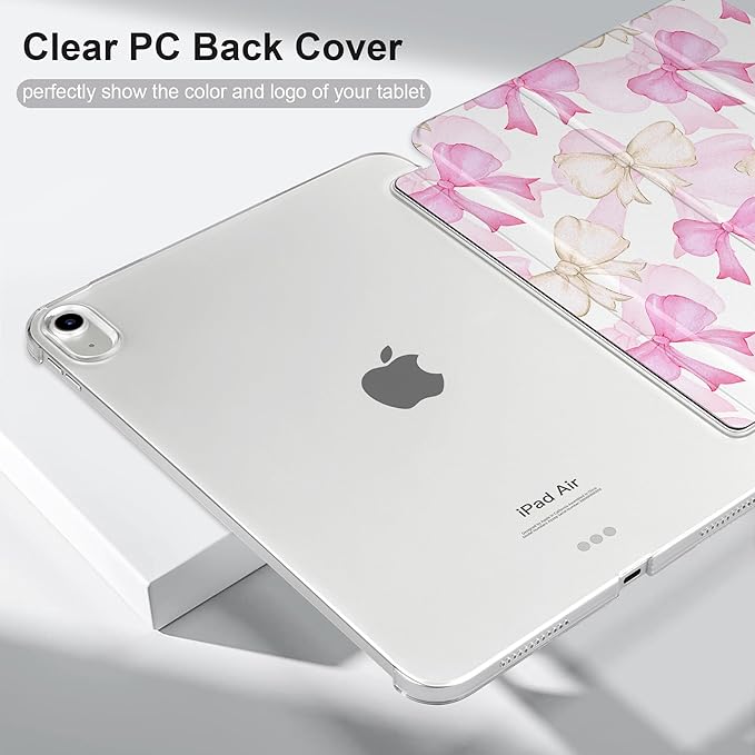 MEEgoodo for M4/M3/M2 iPad Air 11 inch Case 2026 2025 2024Case for iPad Air 5th/4th Generation 10.9 inch 2022 2020 Tablet Cover with Silk Texture &amp PC Clear Back Cover White &amp Pink Bows