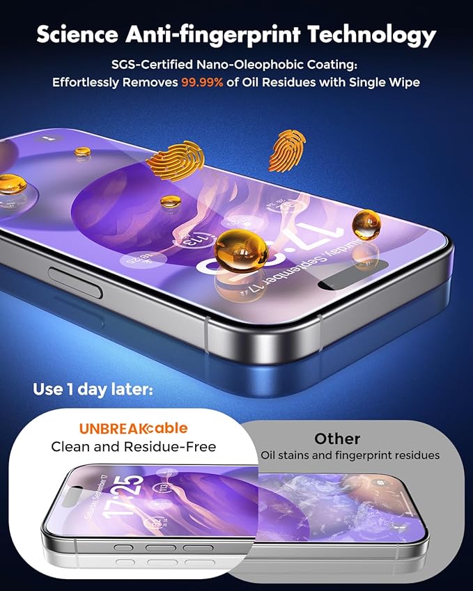 UNBREAKcable iPhone 16 Screen Protector [3-Pack] Tempered Glass with Auto-Align Tech for Easy Install 9H+ Hardness Anti-Fingerprint Ultra-Clear Full-Coverage Protection 6.1-Inch