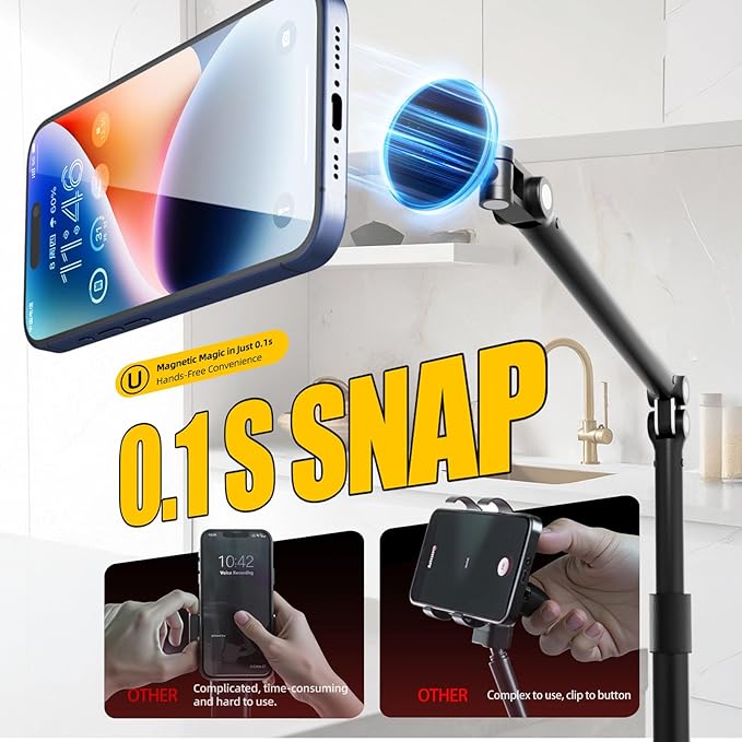 Magnetic Overhead Phone Stand for Desk - 360° Swivel &amp Tilt with MagSafe Compatible Holder Cell Phone Stand Magnet Quick Mount for Recording Cooking Painting Zoom Meetings TikTok Live &amp G