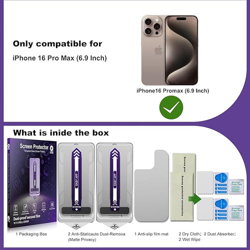 2-Pack Matte Privacy Screen Protector for iPhone 16 Pro MaxAnti-Glare &amp 25°Anti-SpyAnti-ReflectionAnti-FingerprintAuto Dust RemovalEasy Installation