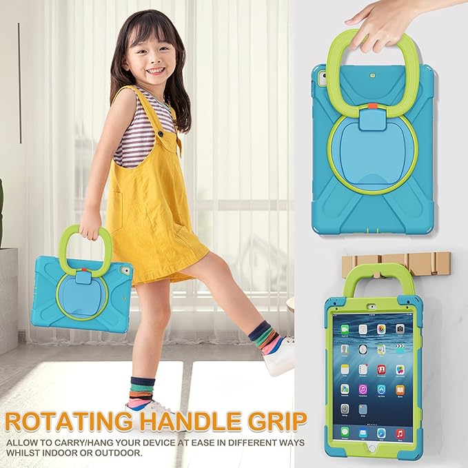 BRAECN Kids Case for iPad 9.7 Inch iPad 6th/5th Generation(2018/2017) 3-Layer Full-Body Rugged Silicone Case w/Rotatable Handle Grip Shoulder Strap Pencil Holder Kickstand for iPad Air 2-Sky Blue