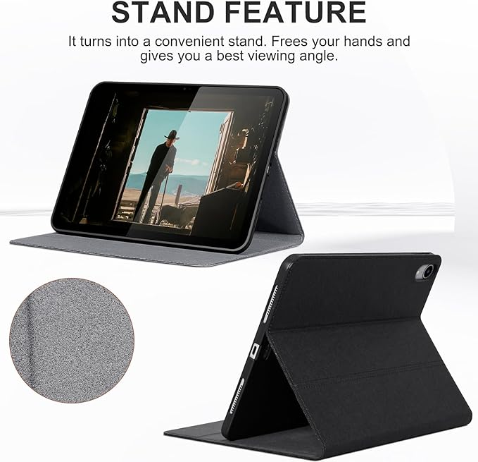 Genuine Leather Case for iPad mini 7/Mini 6 Generation(8.3 Inch 2021/2024)Vegetable Tanned Leather Smart Folio Cover for with Auto Wake/SleepAdjustable StandAnti Slip/FingerprintBlack