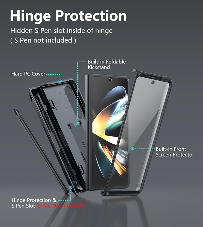 for Samsung Galaxy Z-Fold-4 Case: Military Grade Hinge Protection S-Pen Holder Heavy Duty Shockproof 360 Full-Body Protective Phone Cover with Kickstand for Galaxy ZFold 4 5G 2022 (Black)