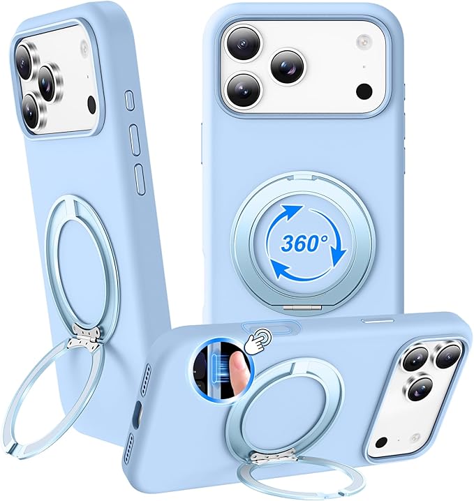 STERKER 360° Rotatable Stand Compatible with iPhone 17 Pro Max Case with Magnetic [Military Grade Drop Tested][Adjustable Kickstand] Ring Holder Silicone Slim Back Soft Edge Sky Blue