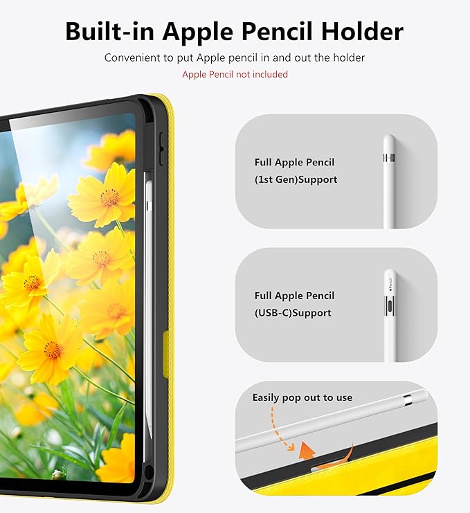 DTTO for iPad A16 Case iPad 11th / 10th Generation Case (2025/2022) 360 Degree Rotating Premium Leather Folio Stand Cover with Pencil Holder Yellow
