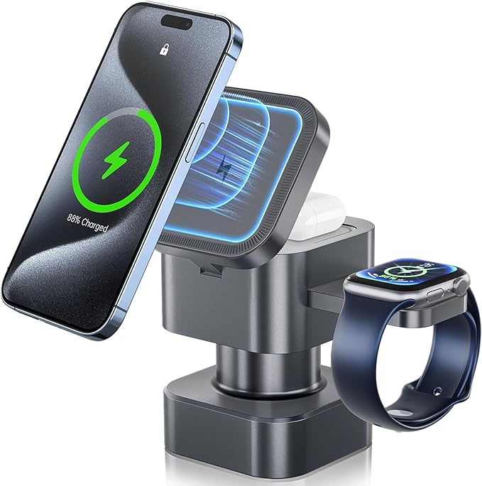 2026 New 4 in 1 Wireless Charging Stand with Night Light Function Compatible with Apple and Android Devices Supports iPhone 17/16/15/14/13/12 Apple Watch Series AirPods Samsung Galaxy Sandy Gold