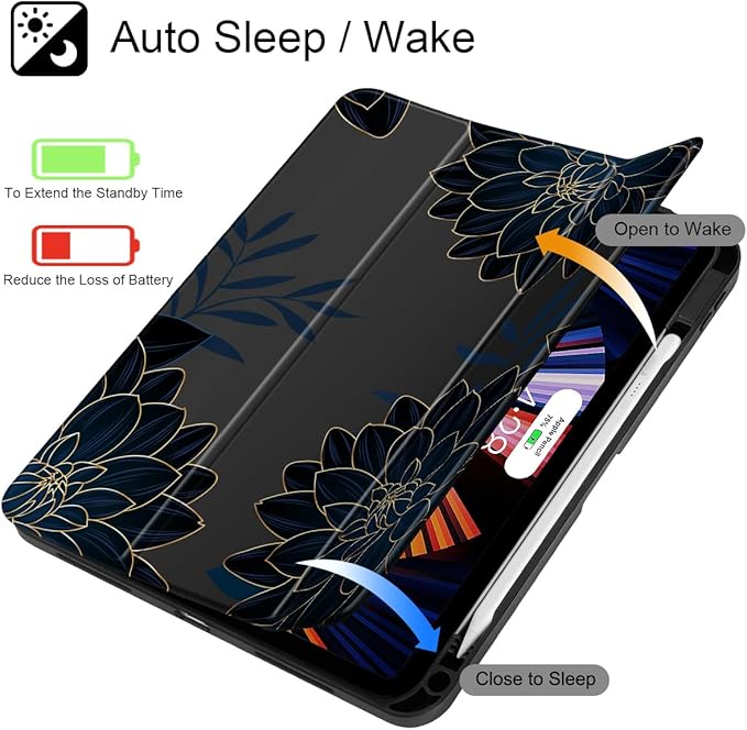 Case for iPad 11 inch A16 2025 Generation 11th / iPad 10.9 inch 2022 10th Gen Buit in Pencil Holder with Shockproof Cover Clear Transparent Back Shell Auto Wake/Sleep Flower Dahlia