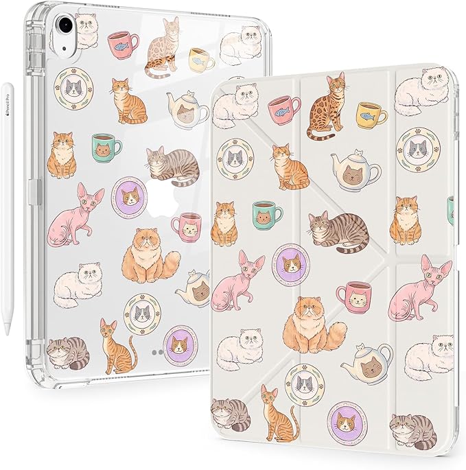 Cute Kawaii Cat Kitten for iPad Pro 11 Inch Case (M5/M4) 2025/2024 with Pencil Holder Auto Sleep/Wake White Leather Acrylic Back Detachable Cover