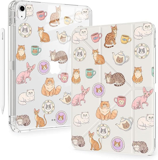 Cute Kawaii Cat Kitten for iPad Pro 11 Inch Case (M5/M4) 2025/2024 with Pencil Holder Auto Sleep/Wake White Leather Acrylic Back Detachable Cover