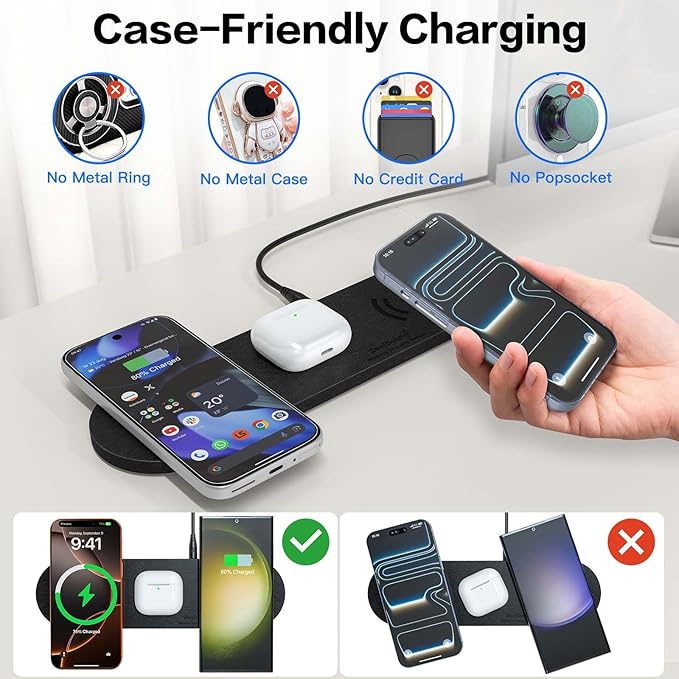 ZealSound Wireless Charging PadTriple Wireless Charger Pad Multiple Devices Compatible with iPhone Phone New AirPods Galaxy Buds Ultra-Slim PU Leather Wireless Charging Mat for Smartphone Phone Black