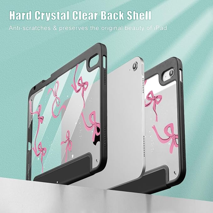 May Chen Case for iPad Air 13 Inch M4 2026 M3 2025 M2 2024 [Built-in Pencil Holder] Shockproof Cover with Clear Transparent Back Shell Auto Sleep/Wake Cover Black Bows