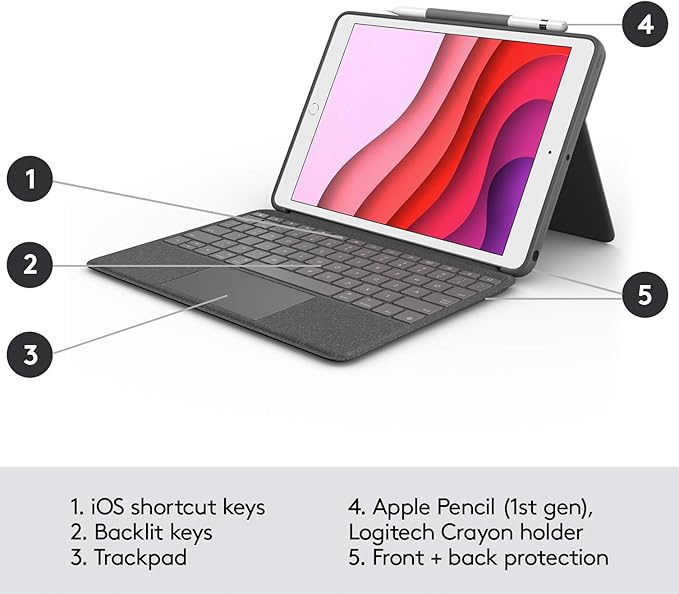 Logitech Combo Touch for iPad (7th 8th and 9th Generation) Keyboard case with trackpad Wireless Keyboard Smart Connector Technology - Graphite