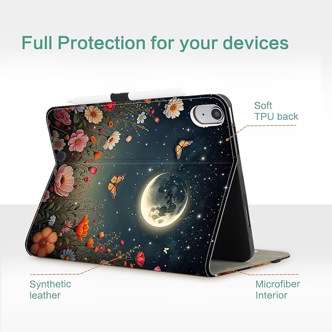 Vimorco Case for iPad (A16) 11th Generation 11 inch (2025)for iPad 10th Gen 10.9 inch (2022) Pencil Holder&ampHand Strap&ampPocketMultiple Stand Protector Folio CoverAuto Wake/SleepBlack Moon F