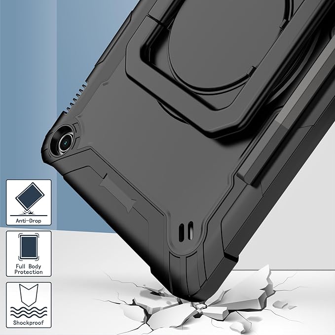 Case for Amazon Fire Max 11 inch Tablet (13th Generation 2023 Release) Hybrid Shockproof 360 Rotating Multi-Functional Ring Stand Case with Shoulder Straps (Black/Black)