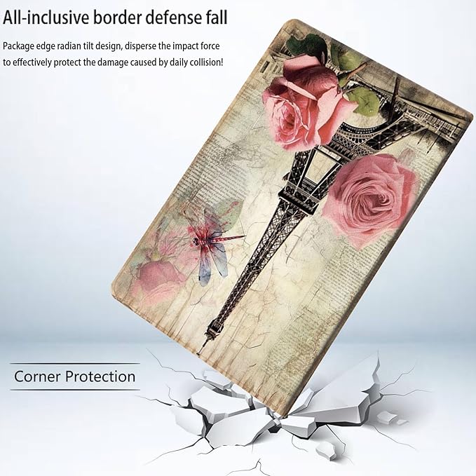 Bxgolkgd Tablet Case for iPad Pro 13 Inch iPad 7th Generation 2024Shockproof Stand Cover with Heat DissipationAuto Wake/Sleep FunctionVintage Paris Tower Rose