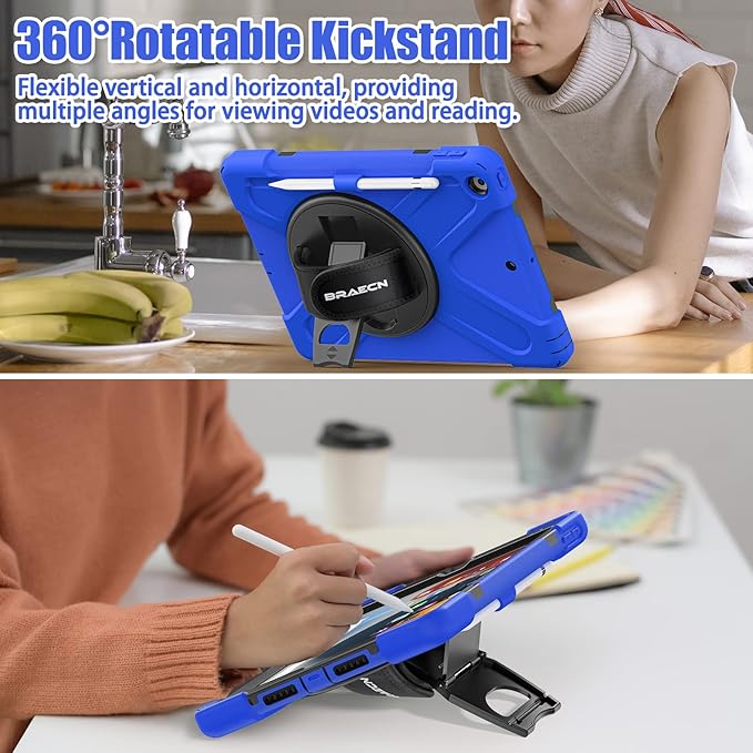 BRAECNstock for Apple iPad 9th/ 8th/ 7th Generation Case 10.2 2021/2020/2019 Shockproof Protective iPad 10.2 inch Kids Case with Screen Protector Pencil Holder Rotating Stand+Hand Strap Blue