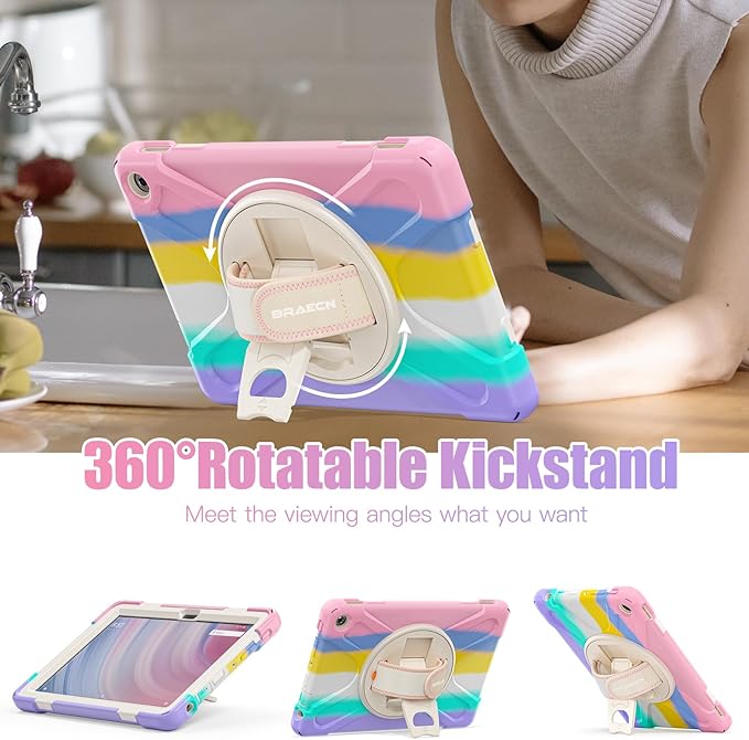BRAECNstock Kids Case for Amazon Fire HD 10 Tablet 13th Gen 2023 Shockproof Protective Kindle Fire HD 10 Case with Screen Protector Rotating Hand Strap+Stand Shoulder Strap Pen Holder - Colorful Pink