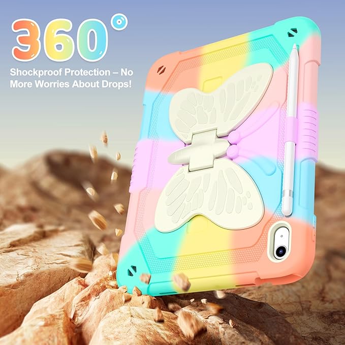 Case for iPad (A16) 11th/10th Generation (2025/2022) 11/10.9 for Kids Girls with 9H Tempered Glass Screen Protector Butterfly Stand Carrying Strap Shockproof - Colorful