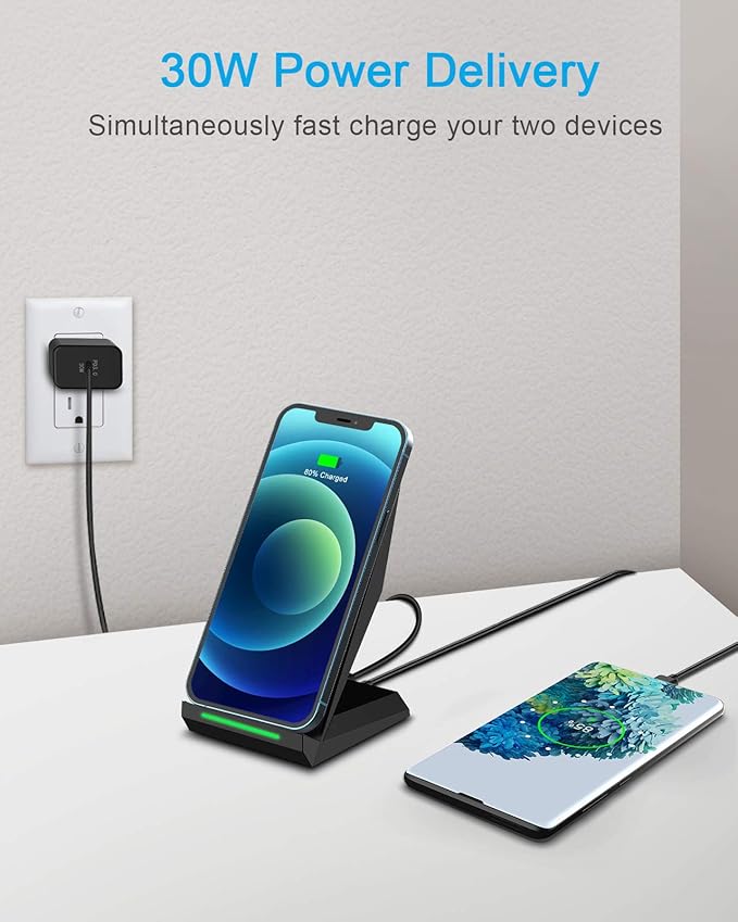Fast Wireless Charging Stand Equipped with PD 30W Adapter High Speed Universal Charger with Extra USB-A Port Compatible with iPhone 17/16/15/14/13/12/11 for Samsung Galaxy S26/S25/S24/S23/S22