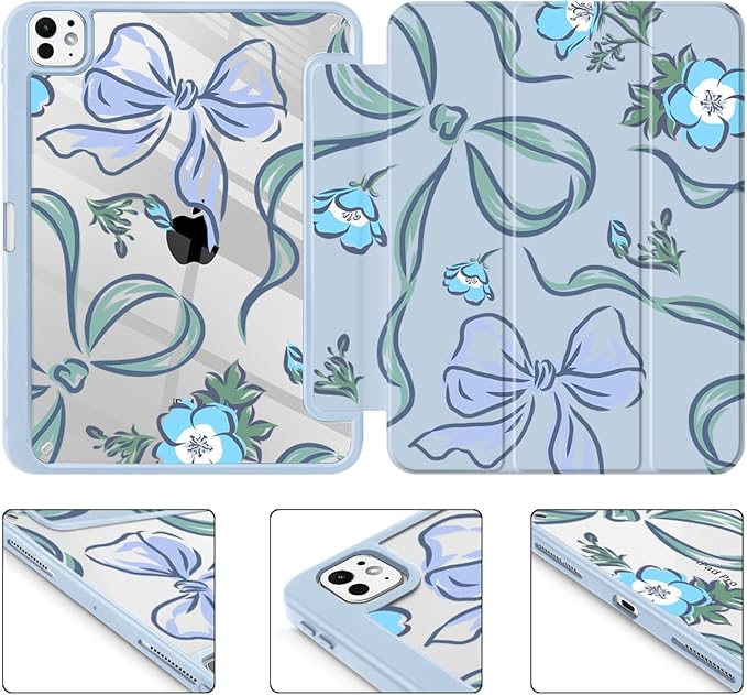 Mektron Case for M5/ M4 iPad Pro 11 inch 2025/2024 with Pencil Holder Compatible Models: A3357/A3358/A3359/A2836/A2837/A3006 Shockproof Cover Clear Shell Flowers-Bows-Blue