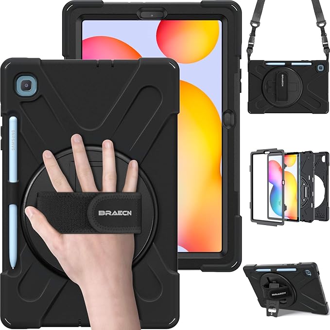 BRAECN for Samsung Galaxy Tab S6 lite Case 10.4 inch 2024/2022Rugged Shockproof Case with 360 Rotating Hand Strap&ampKickstand Shoulder Strap S Pen Holder for Samsung Galaxy Tab S6 Lite Tablet -Bl