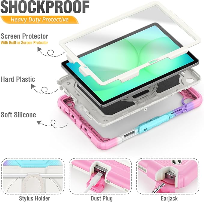HXCASEAC Case for Samsung Galaxy Tab A11+ Plus Kids 11 Inch Protective with Screen Protector/Hand Strap/Pen Holder Sturdy Shockproof for Samsung A11 Plus Tablet Case Cute for Girls - Rainbow Pink