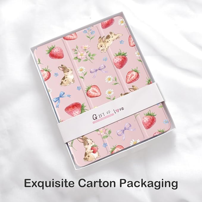Cute Bunny Strawberry Bow for iPad Air5/Air4 Case with Pencil Holder Auto Sleep/Wake Pink Leather Soft TPU Back Cover for iPad 10.9 Inch 2022/2020