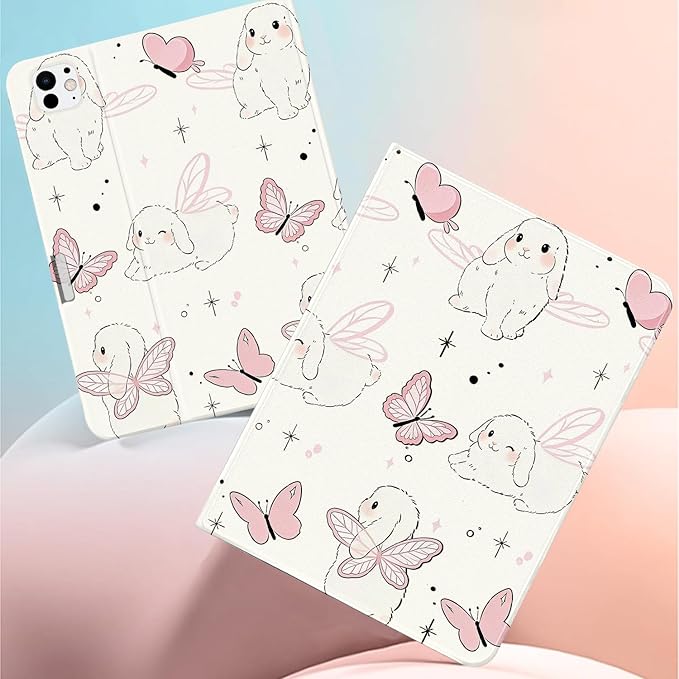 Cute Bunny Case for iPad Air 6th 11 2024/ iPad Air 5th 2022/Air 4th 2020 10.9Textured Folio Case with Pencil Holder Multi-Angle View Adjustable Stand Auto Wake/Sleep for Girls Boys