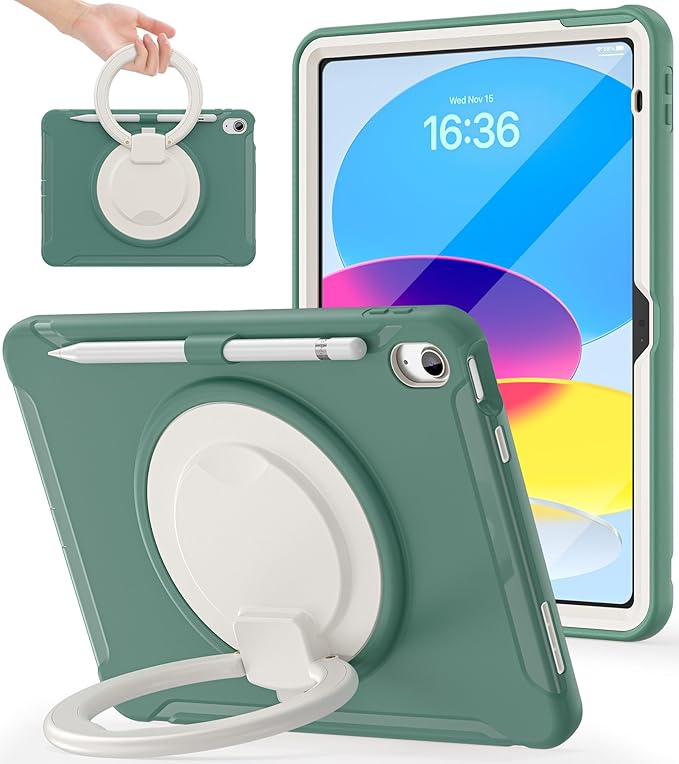 BATYUE Shockproof Case for iPad 10th Gen 10.9 2022 / 11th Gen (A16) 11 2025 | 360° Multi-Angle Stand (Portrait &amp Landscape) &amp Grip Built-in Screen Protector Pencil Holder Jade Green
