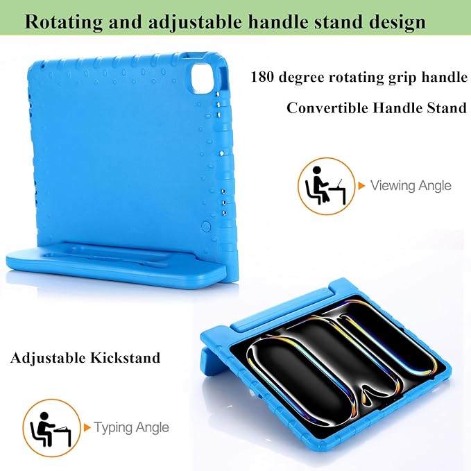 Kids Case for iPad Air 13-inch M3/M2 &amp iPad Pro 13 inch Case M5/M4 (2025/2024) with Pencil Holder/Kickstand Lightweight Convertible Handle Stand EVA Shockproof Rugged Protective Cover Blue
