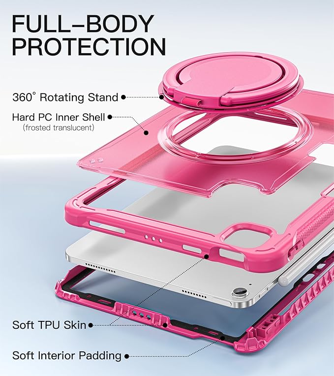 BATYUE Case for iPad Air 11-inch M4(2026)/M3(2025)/M2(2024) iPad Air 4/5 10.9 &amp Pro 11 2018-2022 - Shockproof Case with 360° Rotating Stand &amp Handle Pencil Holder Shoulder Strap Rose