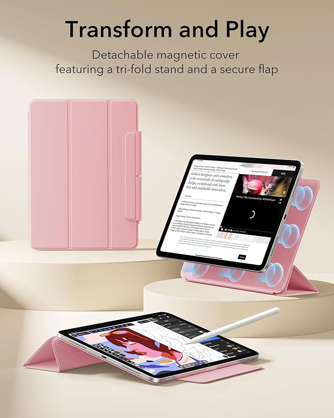 ESR for iPad Air 11 Inch Case M4/M3/M2 (2026/2025/2024) iPad Air 5th/4th Gen (2022/2020) Powerful Magnetic Attachment Slim Trifold Stand Case Auto Wake/Sleep Durable Protection Pink