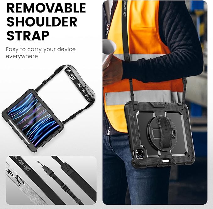 Timecity Case for iPad Pro 11 inch 1st 2nd 3rd 4th Generation 2018/2020/2021/2022 (NOT for 2024) Heavy Duty Rugged Protective Case with Screen ProtectorPencil HolderRotating Stand&ampHandle-Bla