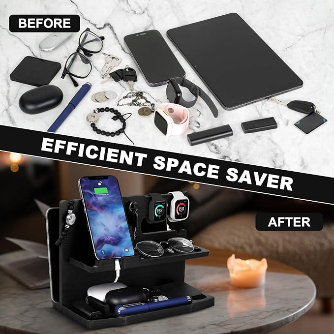 Gifts for Men Desk or Nightstand Organizer - Wood Phone Docking Station - Birthday Gifts for Husband Fathers Day for Dad - Anniversary Idea from Wife - Key Holder Stand Wallet Watch &amp Essential