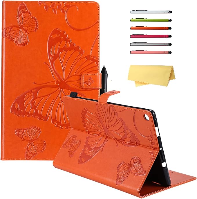 Kindle Fire HD 10 Tablet 2019/2017 Case 9th/7th Generation with Pencil Holder Pockets [Auto Sleep/Wake] Folio Stand Embossed PU Leather Magnetic Smart Wallet TPU Cover Orange Butterfly