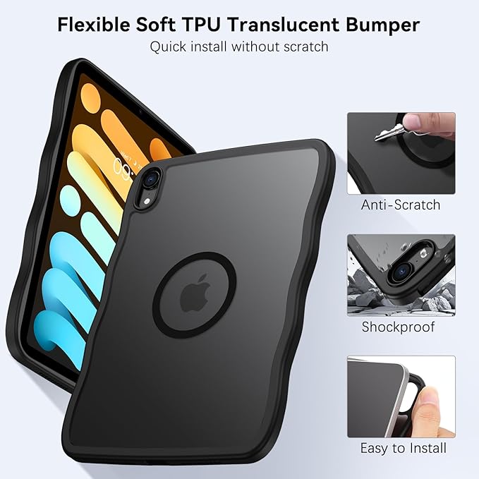 BENTOBEN Case for iPad mini 7 2024 A17 Pro/iPad mini 6 2021 Cute Wavy Magnetic iPad mini 7th/6th Gen Case Translucent Matte Shockproof Protective Tablet Cover for iPad mini 7/mini 6 8.3'' Black