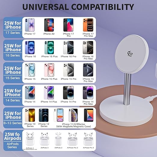 Magnetic Wireless Charging iPhone StandQi2.2 Certified 25W Fast Mag-Safe Charging Stand Station Apple Magnet Wireless Charger with Plug for iPhone 17/17 Pro/Air/16/15/14/13/12 SeriesAirPods Pro 3/4