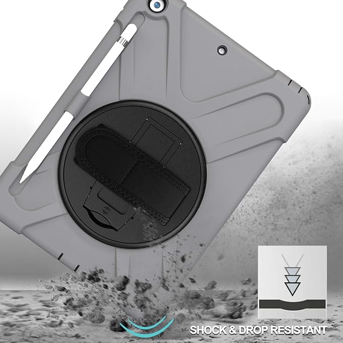 ProCase Rugged Case for iPad 9th/ 8th/ 7th Generation 10.2 (2021/2020/2019) Heavy Duty Shockproof Protective Cover with Strap for iPad 9/8/7 -Grey
