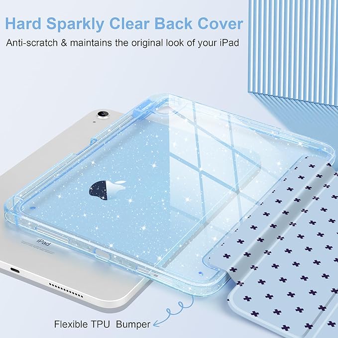 DONGKE for iPad Pro 11 inch Case – Fits M5 2025 / M4 2024 Shockproof Sparkling Glitter Acrylic Back Pencil Holder Trifold Stand Auto Sleep/Wake &amp Touch ID Support - Blue Cross Dot