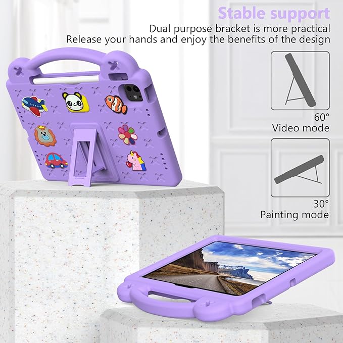 for iPad Air 11 inch Kids Case M3/M2 (2025/2024) &amp iPad Pro 11 Inch M4 Case 2024 with Pencil Holder/Handle/Kickstand Cute DIY Soft Shockproof Stand Lightweight Tablet Cover Light Purple Bear