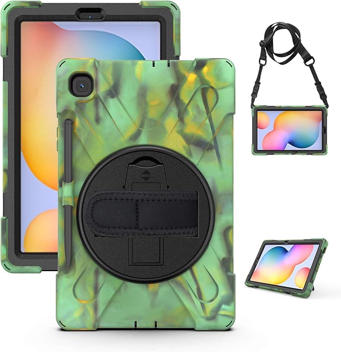 KIQ Shield Series Galaxy S6 Lite Case Heavy Duty Tablet Shockproof Rugged Tab S6 Lite Cover W/Stand Shoulder Strap for Samsung Galaxy Tab S6 Lite 10.4 Inch 2022/2020 P610/P613/P615/P619 - Camouflage