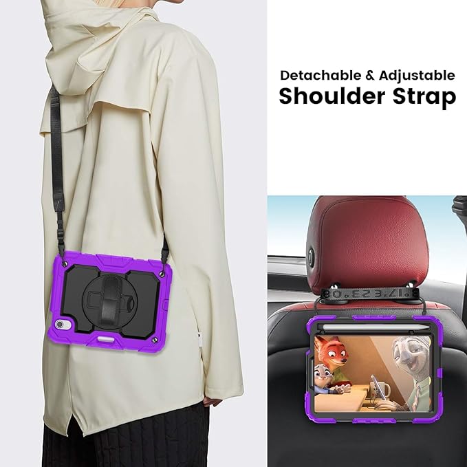 Case for iPad mini 7 (A17 Pro) 2024/ Mini 6 8.3'' with Pencil Holder Screen Protector [360 Rotating Hand Strap] &ampStand &ampShoulder Strap Shockproof Case for iPad mini 7th/6th Generation Purple