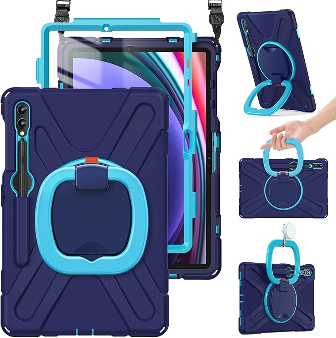 BRAECN Case for 12.4” Samsung Galaxy Tab S10+/ S9 FE+/ S9+/ S8+/ S7 FE/S7+ Plus Rugged Silicone Cover w/S Pen Holder Screen Protector Handle Grip/Kickstand Shoulder Strap Navy Blue