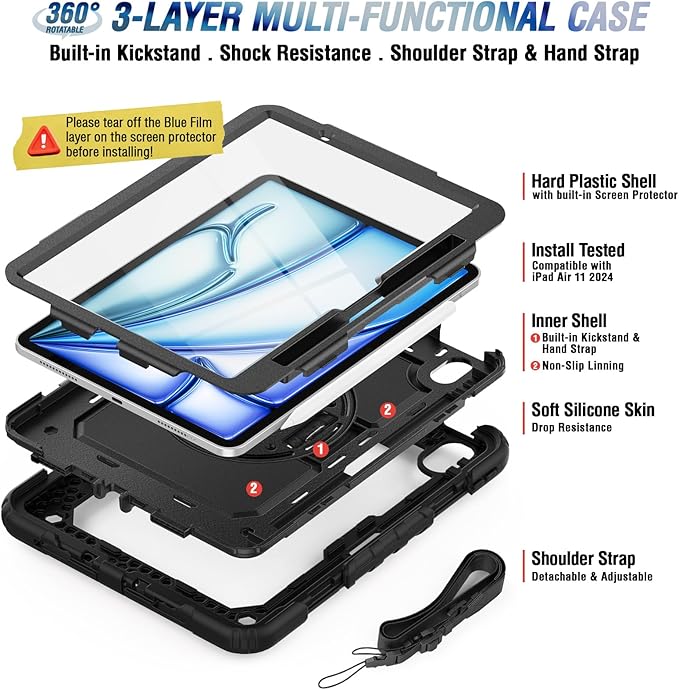 Herize Case Compatible with iPad Air 11 Inch 2025/2024 with Screen Protector Pen Holder | Case for iPad Air 7th/6th Generation 11 Inch | Silicone Rugged Protection Cover W/Stand Hand Shoulder Strap