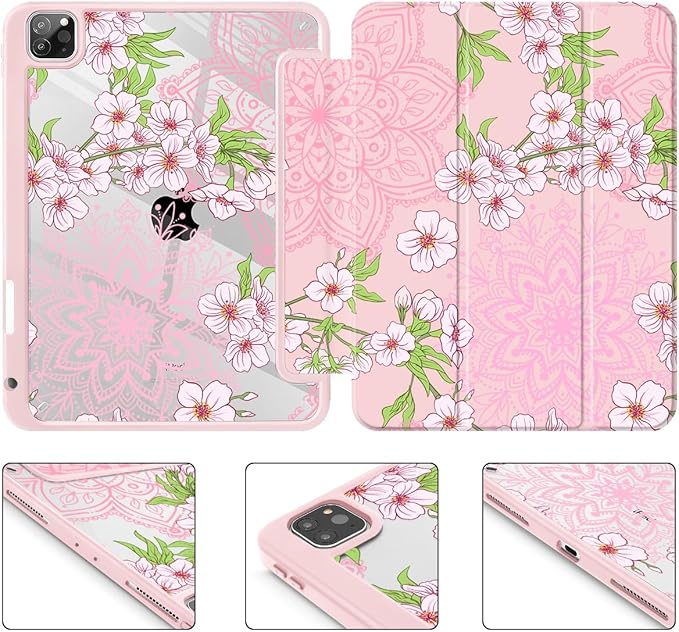 Mektron Case for iPad Pro 11 inch Case M2 2022 Generation 4th Fit 2021 2020 2018 iPad Pro 11 (3rd 2nd &amp 1st Gen) -Buit in Pencil Holder with Shockproof Cover Clear Shell Blossom Sakura-Pink