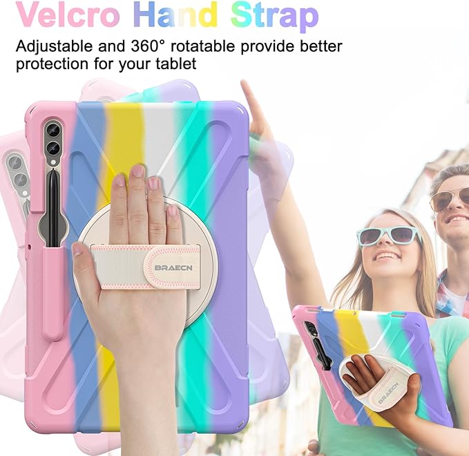BRAECN for Samsung Galaxy Tab S10+ Plus/S9+/S9 FE + /S8+ Plus/S7 +Plus /S7 FE 12.4 InchHeavy Duty Shockproof Case with S Pen Holder&amp360 Rotating Hand Strap/Kickstand/Shoulder Strap -Rainbow