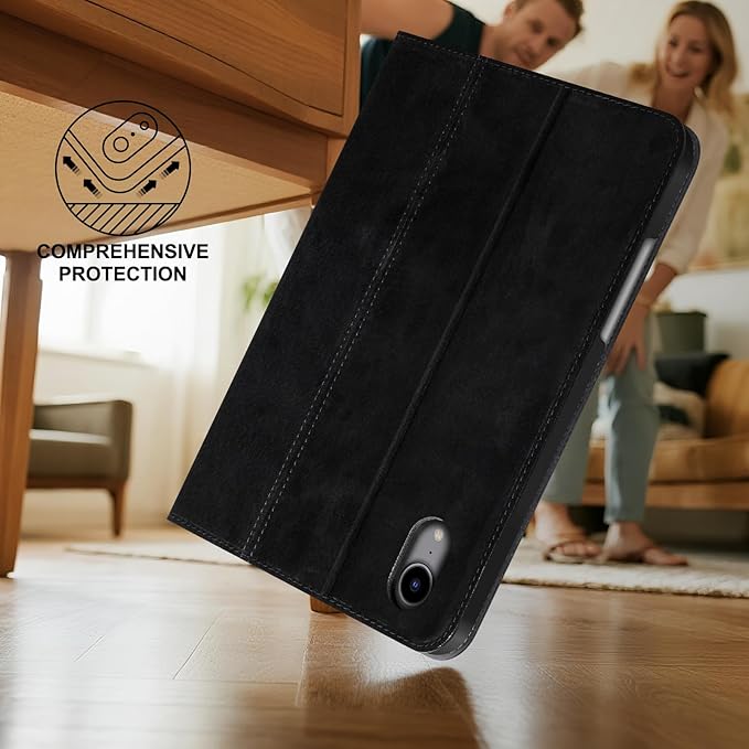 Gexmil Leather Case for iPad mini 7 (A17 Pro) 2024 / iPad mini 6 Generation 2021 8.3 InchPremium Cowhide Cover with Pencil HolderAdjustable Stand Auto Wake/SleepSanded Black