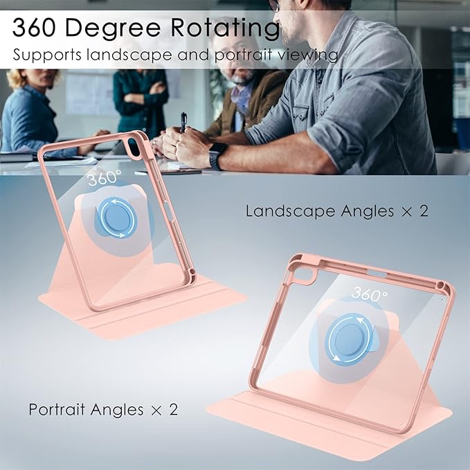 Soke Rotating Case for iPad (A16) 11th Generation 2025 iPad 10th Gen 2022 with Pencil Holder [Shockproof + Auto Sleep/Wake] 360 Degree Rotation Clear Back for iPad 11/10.9 - Rose Gold