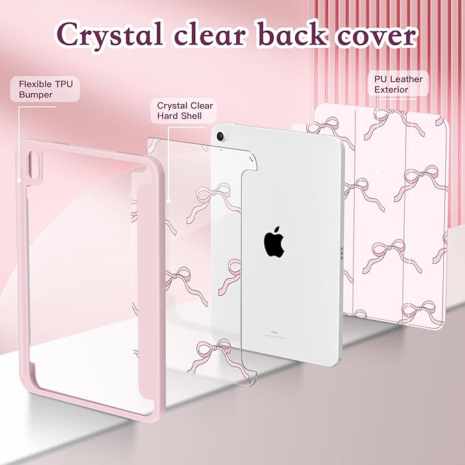 CISSOOK Case for New iPad 11 Inch 2025 (A16) / 10.9 inch iPad 10th Generation 2022 with Apple Pencil Holder Auto Wake/Sleep Blush Pink Translucent Bow Shockproof Cover