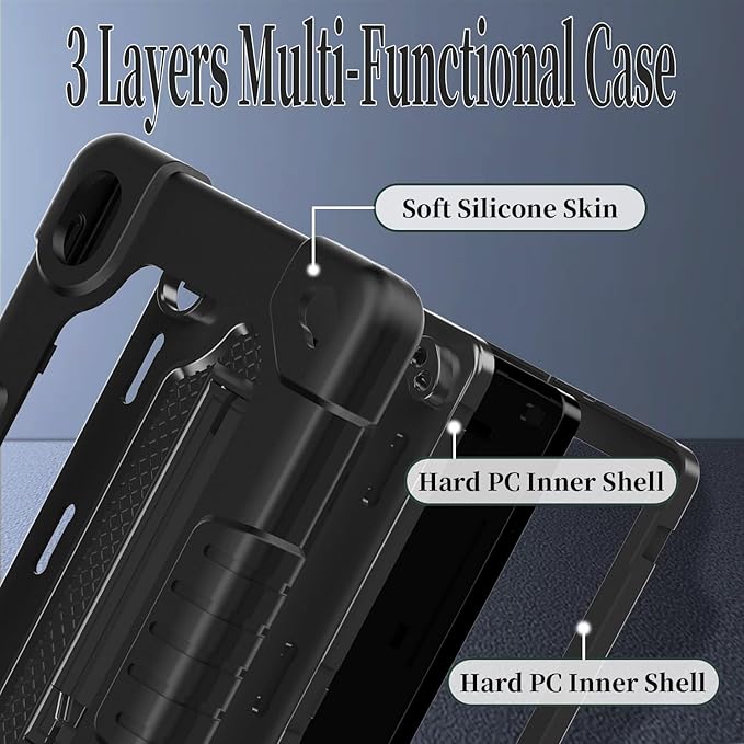 Shockproof Case for Walmart Onn 7 inch Tablet Case (2024 Model 100135924) Rugged Kids Friendly Case with Screen Protector Shoulder Strap Kickstand for Onn 7 4th Gen 2024 Model (Black+2Pcs)